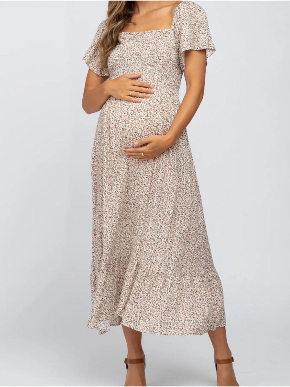 Smocked Square-Neck Maternity Maxi Dress - Cream Floral